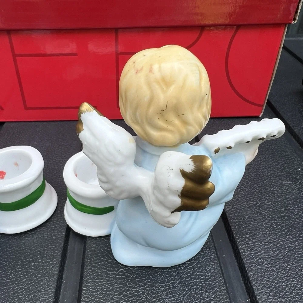 Vtg 1980s Porcelain Musical Angel Taper Candle Holders Aldon Hand Painted Taiwan